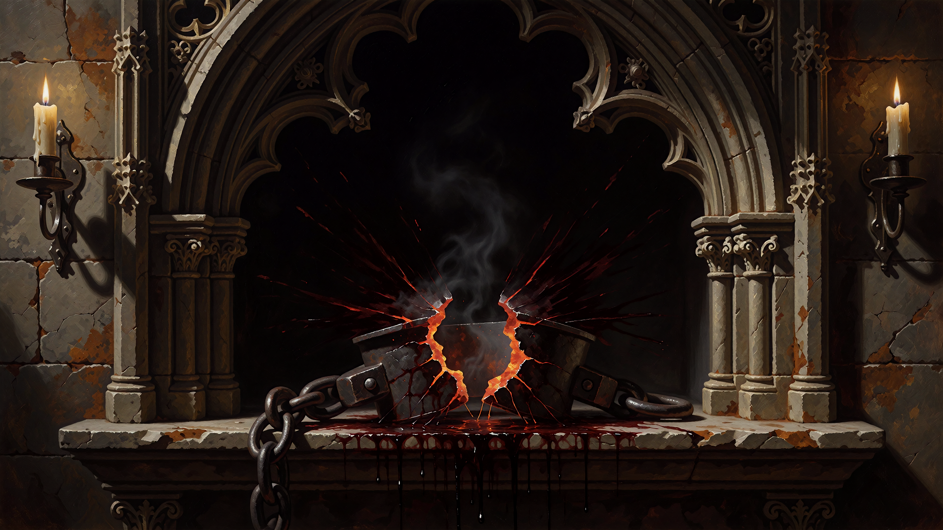The Ashvane sigil: a broken iron manacle burst open, jagged bolts of light radiating outward from the break