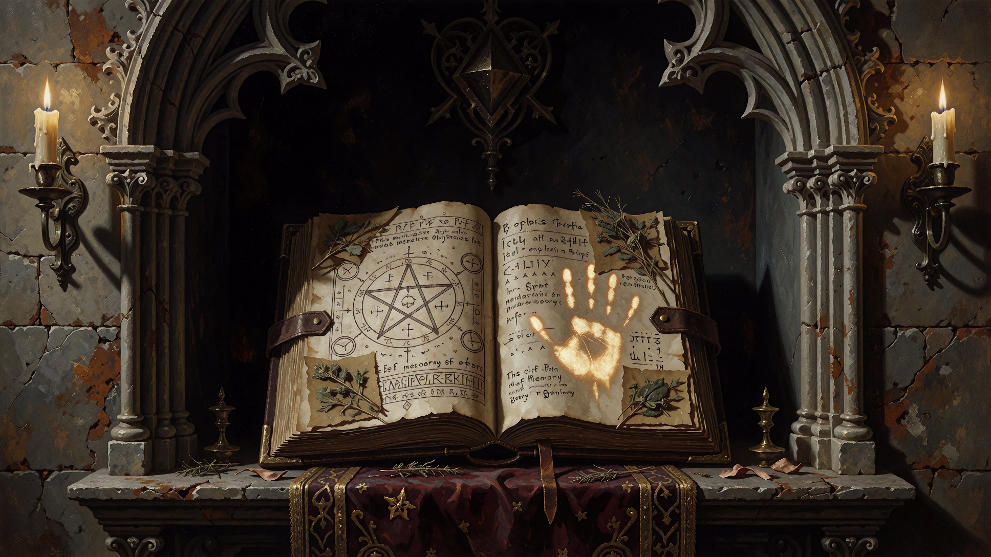 The Corvaris sigil: an open spellbook inscribed with sigils and pressed herbs, a glowing handprint burned into the page