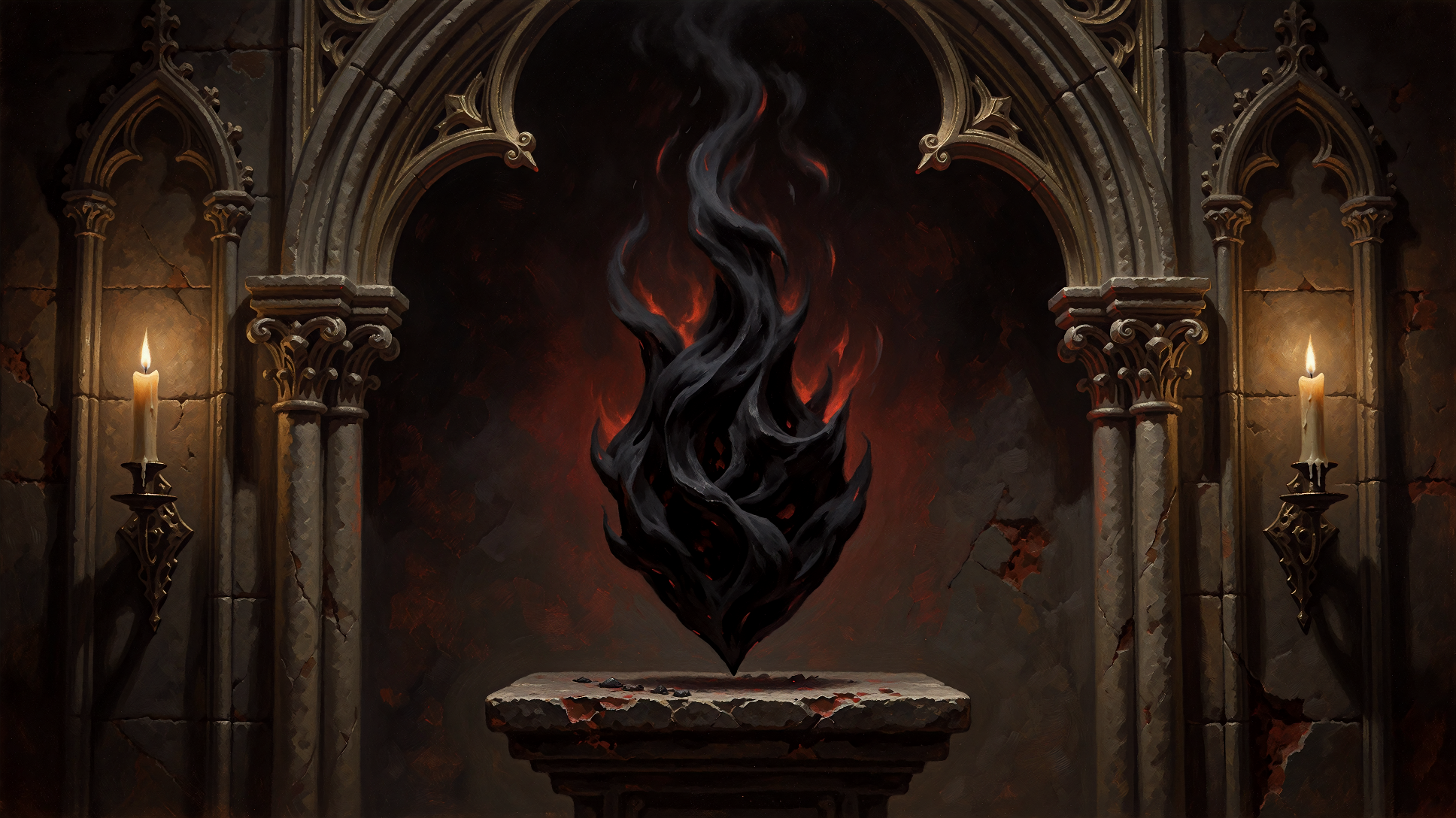 The Dominion sigil: a black flame burning atop a stone pedestal, an ember-red glow bleeding through its edges