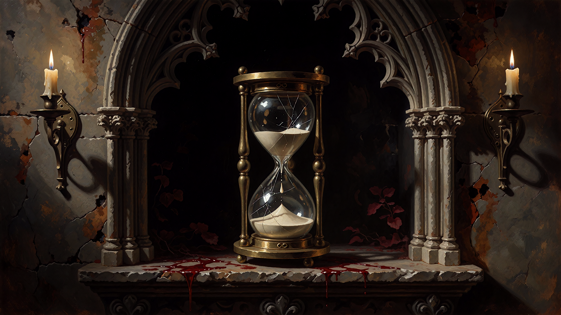 The Gifted sigil: a cracked hourglass with sand frozen mid-fall, a drop of blood suspended within it