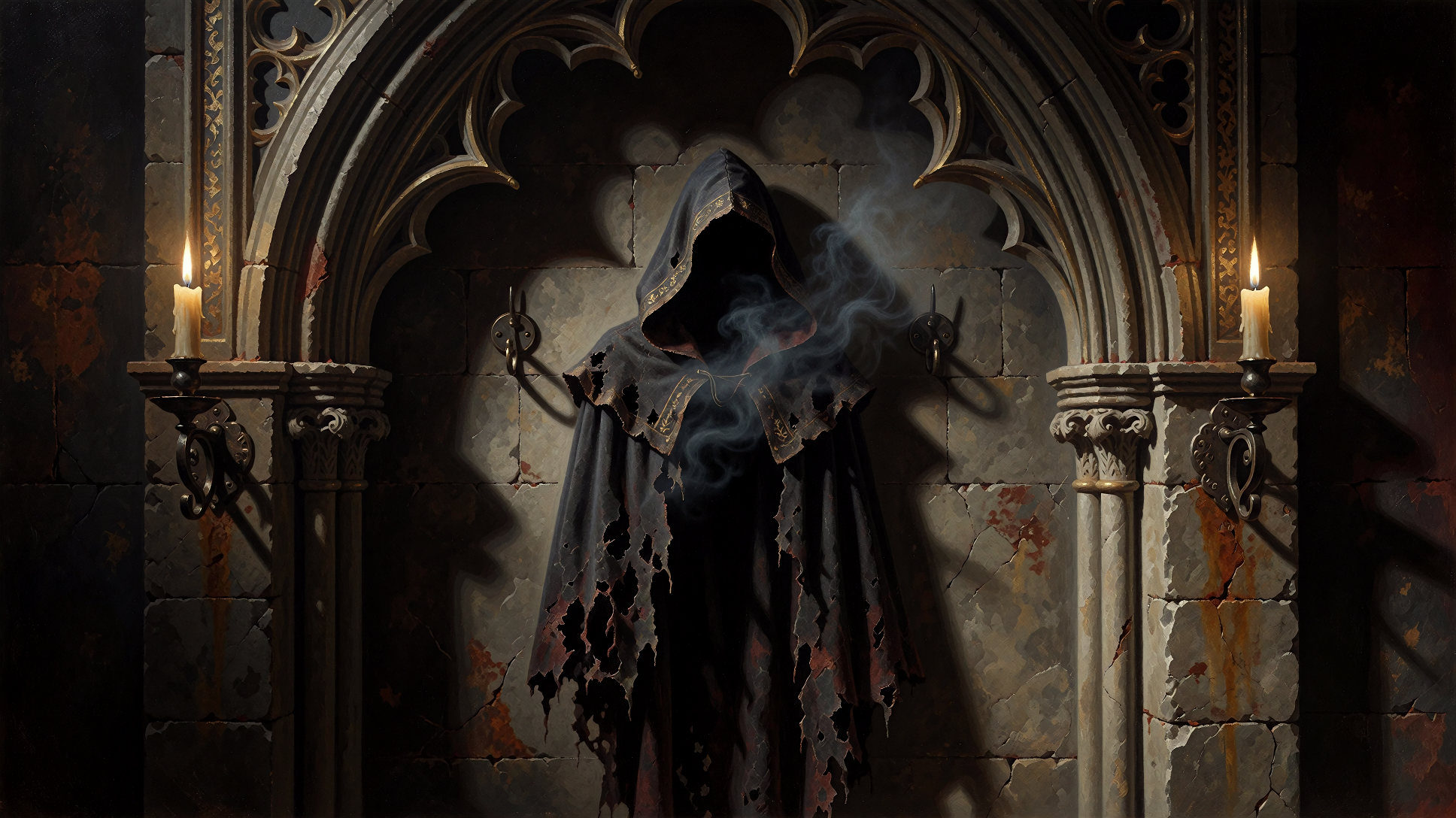The Hollowmere sigil: an empty hooded cloak hanging on the wall, its hood holding only darkness and drifting mist