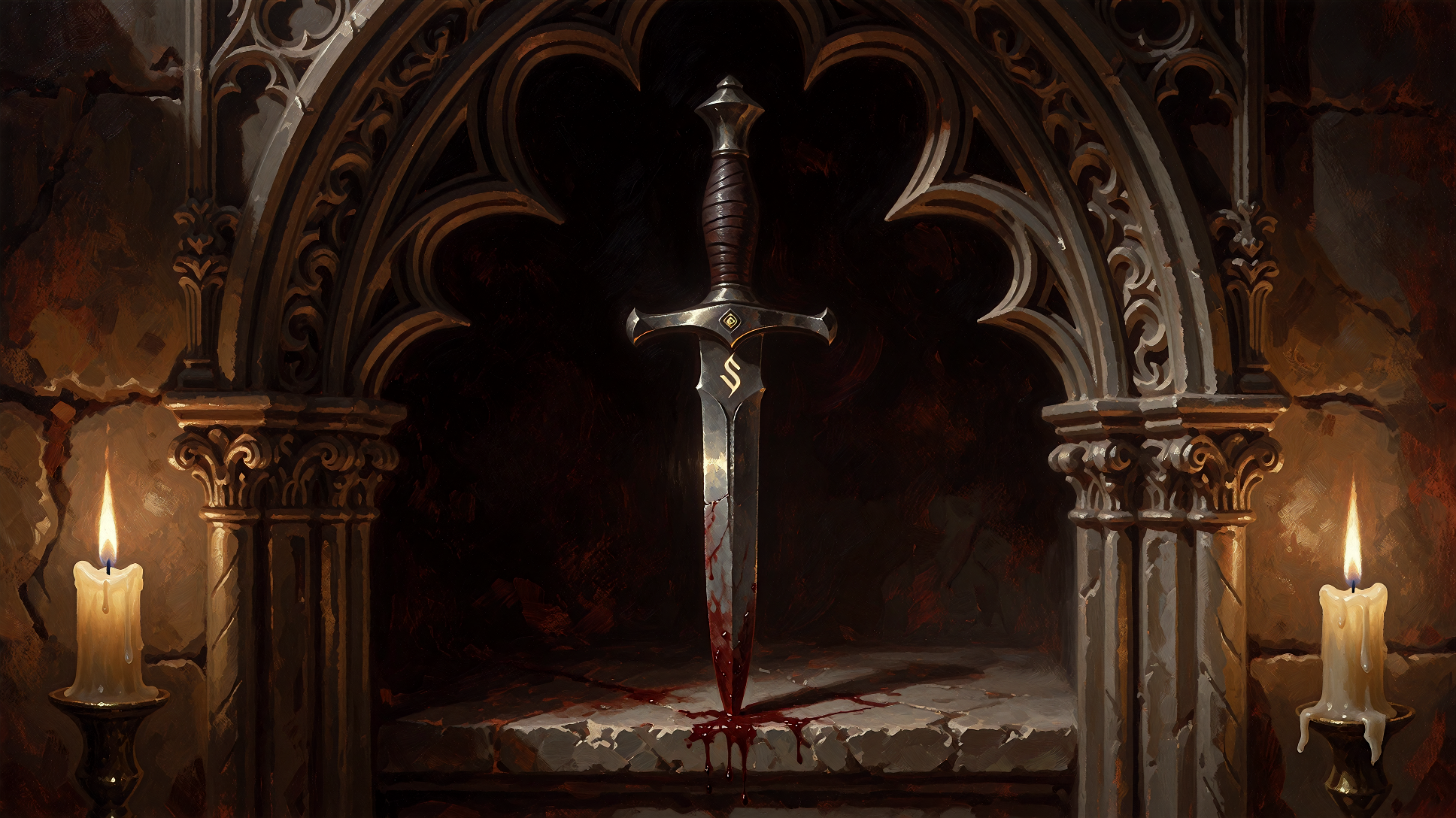 The Serathe sigil: a dagger driven into stone, blood on the blade, marked with an S