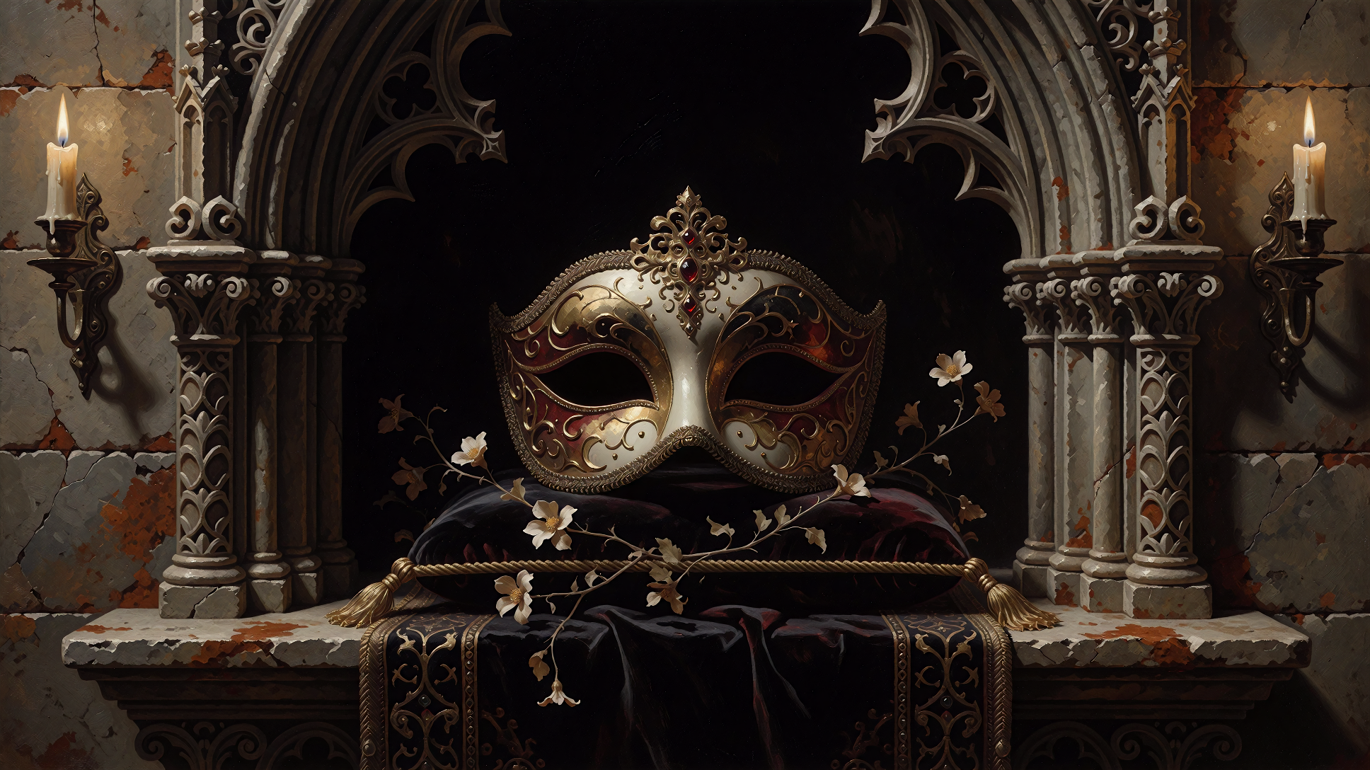 The Velmarq sigil: an ornate gilded masquerade mask resting on a velvet cushion, hollow and black where a face should be